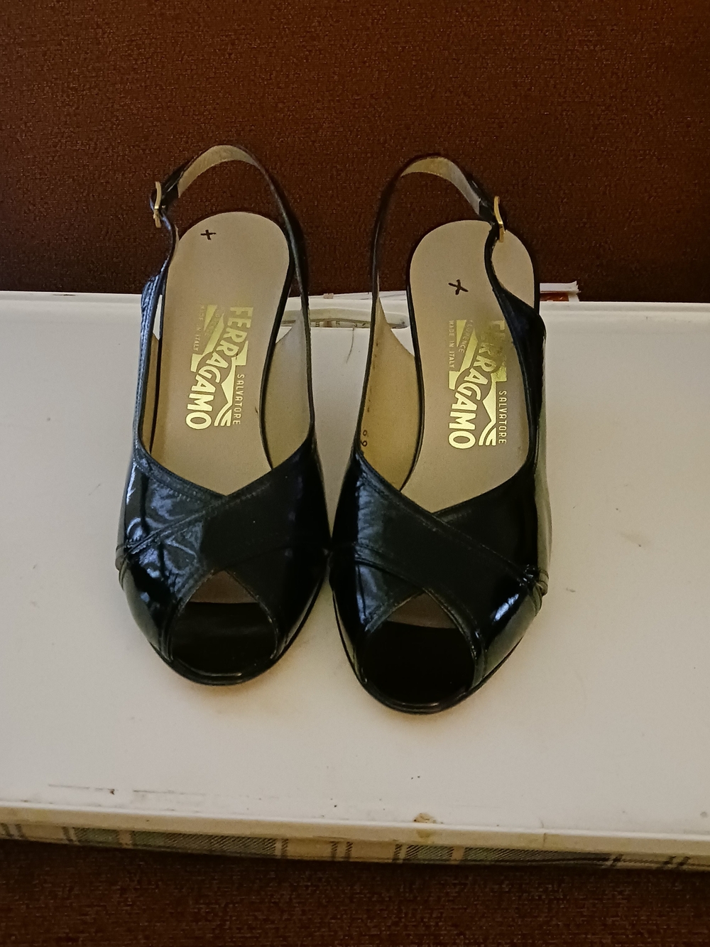 Salvatore Ferragamo Black Patent Leather Peep-Toe Slingbacks